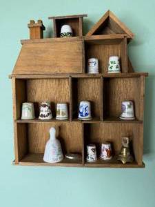 Assorted Porcelain Thimbles in Wooden Wall-Mounted Display Shelf