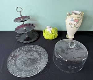 Royal Nippon Nishiki Vase & VTG Two-Tier Red Dessert Stand - Holland Mold Bunny Sculpture & More