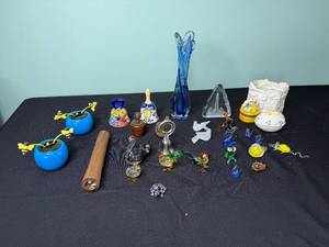 Cobalt Blue Glass Vase - Assorted Mini Glass Figurines & Ceramic Pieces