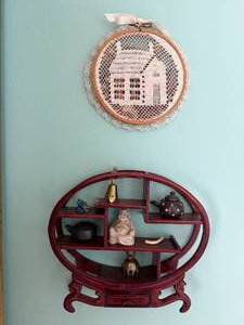 Round Red Wood Wall Shelf - Lace Inset & Miniature Figurines