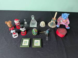 Holiday VTG Decor Lot Santa, Reindeer, Snowman Figures, September Birthday Beanie Baby Bear, Glass & Framed Art