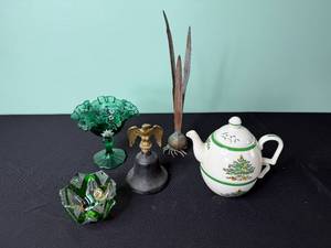 Fenton Green Glass Hand Painted Ruffled Compote, Spode Porcelain Teapot w Christmas Tree, Mikasa Floral Glass Bowl & More