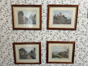 Pair of Framed Landscape Prints - Village and Garden Scenes
