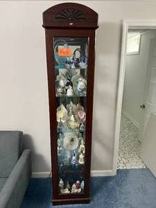 Corner Curio Cabinet with Glass Doors and Carved Fan Pediment - contents NOT included