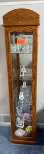 Oak Curio Cabinet with Glass Doors and Carved Fan Top - contents NOT included