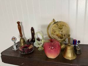 Fenton Topaz Opalescent Basket, Antique Brass Globe on Stand - World Map Decor & More
