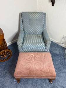 VTG Blue Scallop Pattern Upholstered Wingback Chair & Matching Ottoman (Lot of 2)
