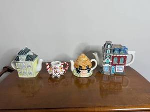 Assorted Ceramic Village House Teapots & Bakery Building Set