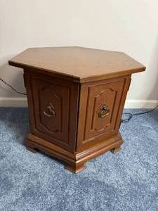 Vintage Hexagonal Wood End Table with Two Paneled Doors & Ring-Pull Hardware