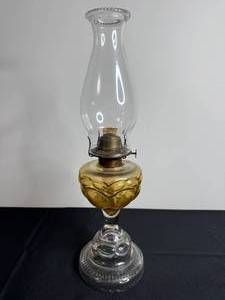 Antique Glass Oil Lamp with Amber Shade and Clear Chimney