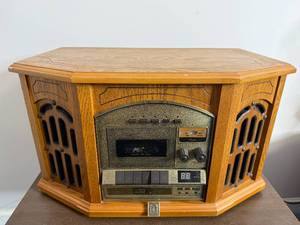 Vintage Wood Console Radio with Cassette Tape Deck & Record Player (untested)