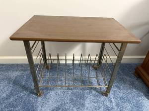 Industrial Wood-Top Rolling Cart with Metal Frame and Wire Shelf