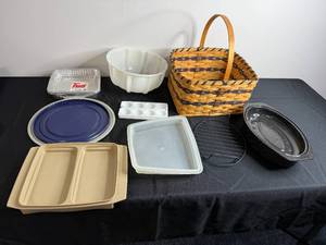Assorted Bakeware - Mixing Bowl, Cake Pans, Muffin Pan & Woven Basket