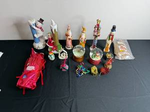 Assorted Christmas Ceramic Figurines & Glass Snow Globes - Snowmen, Santa & Nativity Scenes