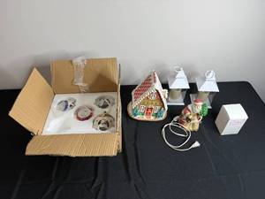 Assorted Christmas Decor - Gingerbread House, Santa Figurine & White Lanterns
