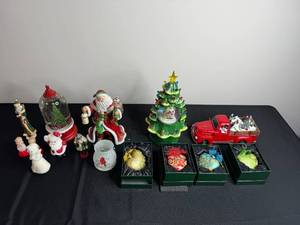 Assorted Christmas Decor - Santa Figurine, Evergreen LED Water Globe & Ornament Set