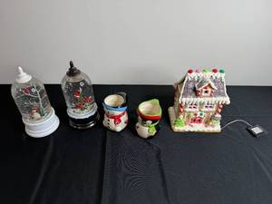 Assorted Christmas Decor - Snow Globes, Snowman Mugs & Gingerbread House