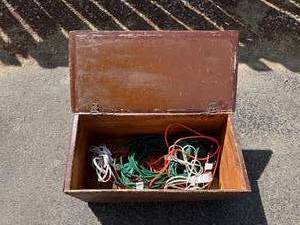 Assorted Extension Cords in Wooden Storage Chest