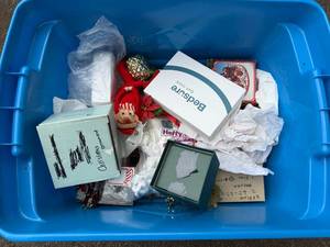 Mixed Christmas Ornament & Holiday Decor Assortment in Tote - small box contents unverified