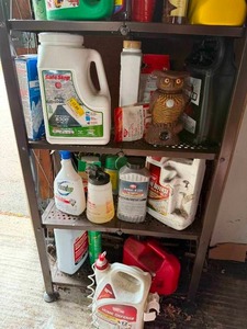 Metal Rack w Mixed Lot of Household Chemicals, Pest Control & Garden Supplies - content quantities unverified