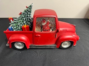 LED Snow Globe Christmas Red Pickup Truck Decor With Santa and Tree