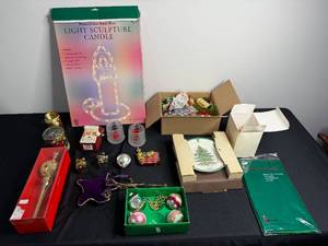 Mixed Holiday Decor Assortment - Light Sculpture Candle, Ornaments & Spode 1993 Plate