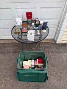 Mixed Lot of Christmas Ornaments & Collectibles in Storage Tote - table not included
