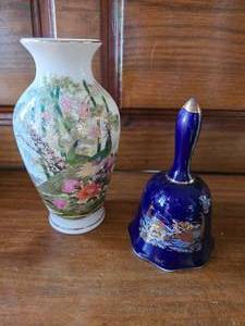 Vintage Cobalt Blue Porcelain Bell and OMC Japanese Porcelain Vase