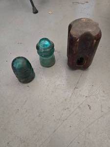 Vintage Brown Porcelain Bullnose Guy Strain Wire Insulator Ceramic. and Hemingray No 9 Electrical Insulator. Glass Telegraph or Telephone Insulator