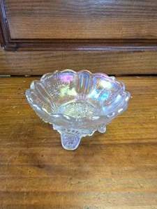 Imperial Glass, White Carnival Glass, Footed Bowl in the Everglade Pattern