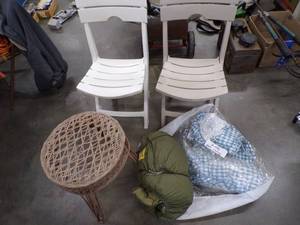2 folding Chairs, table, sleeping bag and Picnic table cover