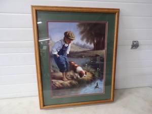 Framed Boy with Dog and Duck Artwork