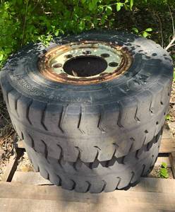 Set of Solid Pneumatic Forklift Tires on Rims