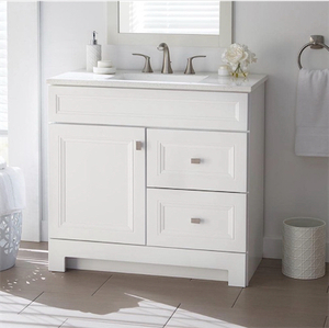 Home Decorators Collection Sedgewood 36.5 in. W   18.75 in. D   34.375 in. H Single Sink Bath Vanity in White with Arctic Solid Surface Top Store SKU# 1003-619-901 Msrp $499.00