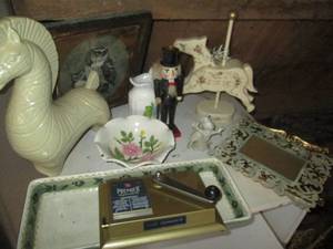 Ceramic statue and misc dish displa...