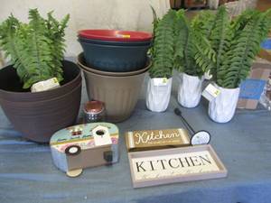 Planters, birdhouse and greenery...