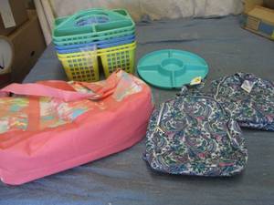 Plastic storage totes, duffle bag a...