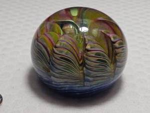 Signed Art Glass Paperweight Feathered and Swirl Glass