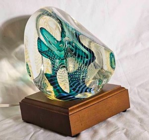 Rollin Karg Signed Art Glass Sculpture on Lighted Wood Base