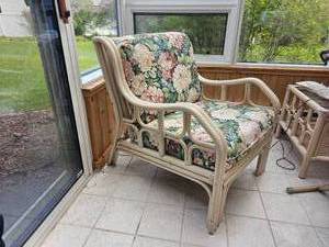 Bright Rattan Armchair with Cabbage Rose Upholstery