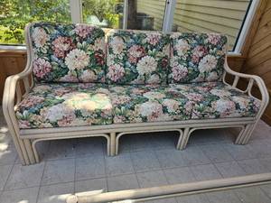 Bright Rattan Sofa with Cabage Rose Upholstery