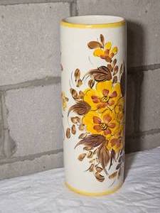 Mid Century Italian Ceramic Umbrella Stand features hand-painted yellow bouquet