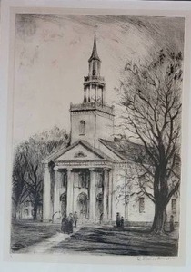Framed Etching  Church at Talmadge by Artist Rudolph Stanley-Brown
