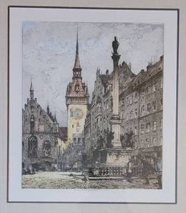 Framed Color Etching  Altes Rathaus, Munchen by Artist Luigi Kasimir