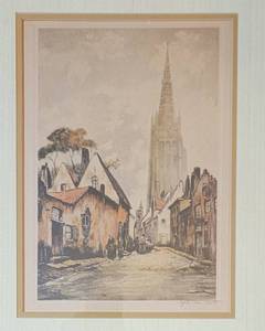 Framed Color Etching  Belgian Street by Artist Alfred van Neste