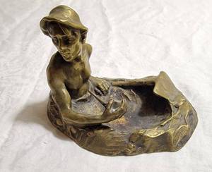 Antique A Pohl Signed Brass Diver Ashtray