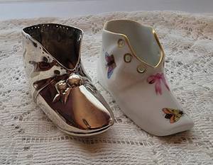 Gorham Sterling Silver 85g Baby  Bootie & Herend Porcelian Pink Baby Bootie