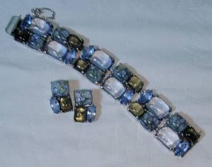 Sherman Blue Heavy Glass Tile Bracelet and Earring Set