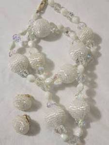 Vintage Crown Trifari Aurora Borealis Crystal and Frosted Bead Necklace and Earring Set