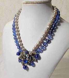 Glamorous Signed Miriam Haskell Baroque Pearl and Blue Crystal Statement Necklace with Ornate Medallion